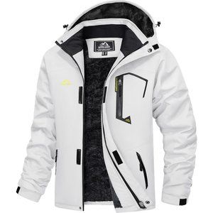 Men's White Water Resistant Fleece Windproof Warm Jacket With Multi-Pockets